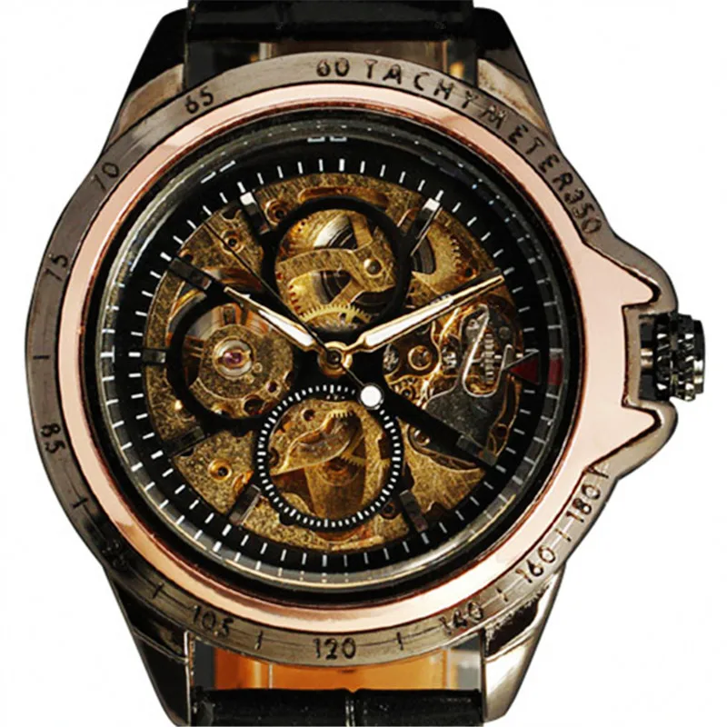 2016 New Winner Fashion Men Hollow Skeleton Outdoor Clock Leather Famous Design Army Mechanical Automatic Self