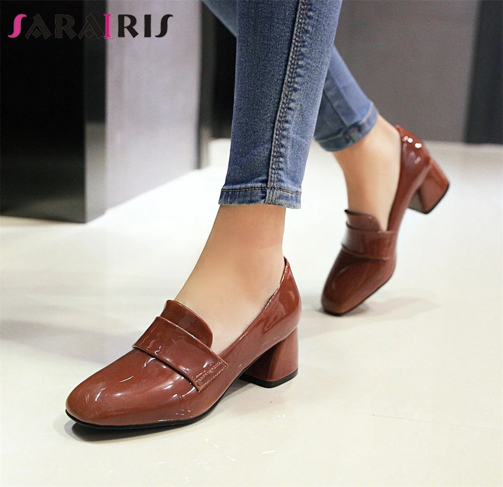 

SARAIRIS New Slip On Square Med Heels Patent Pu Square Toe Shoes Woman Casual Office Spring Autumn Pumps 2019 Big Size 33-43