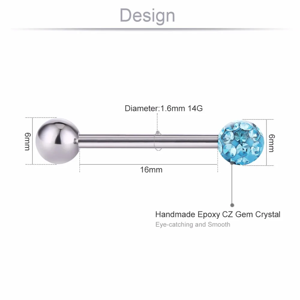 1 шт./лот эпоксидный CZ драгоценный камень сияющий хрустальный шар кольцо-пирсинг в язык гипоаллергенный штанга нержавеющая сталь 14 г Украшения для тела SD082