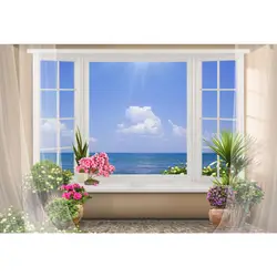 Laeacco цветы вид на море номер балкон голубое небо шторы солнце фото фонов фотографические фоны фотосессия Фотостудия