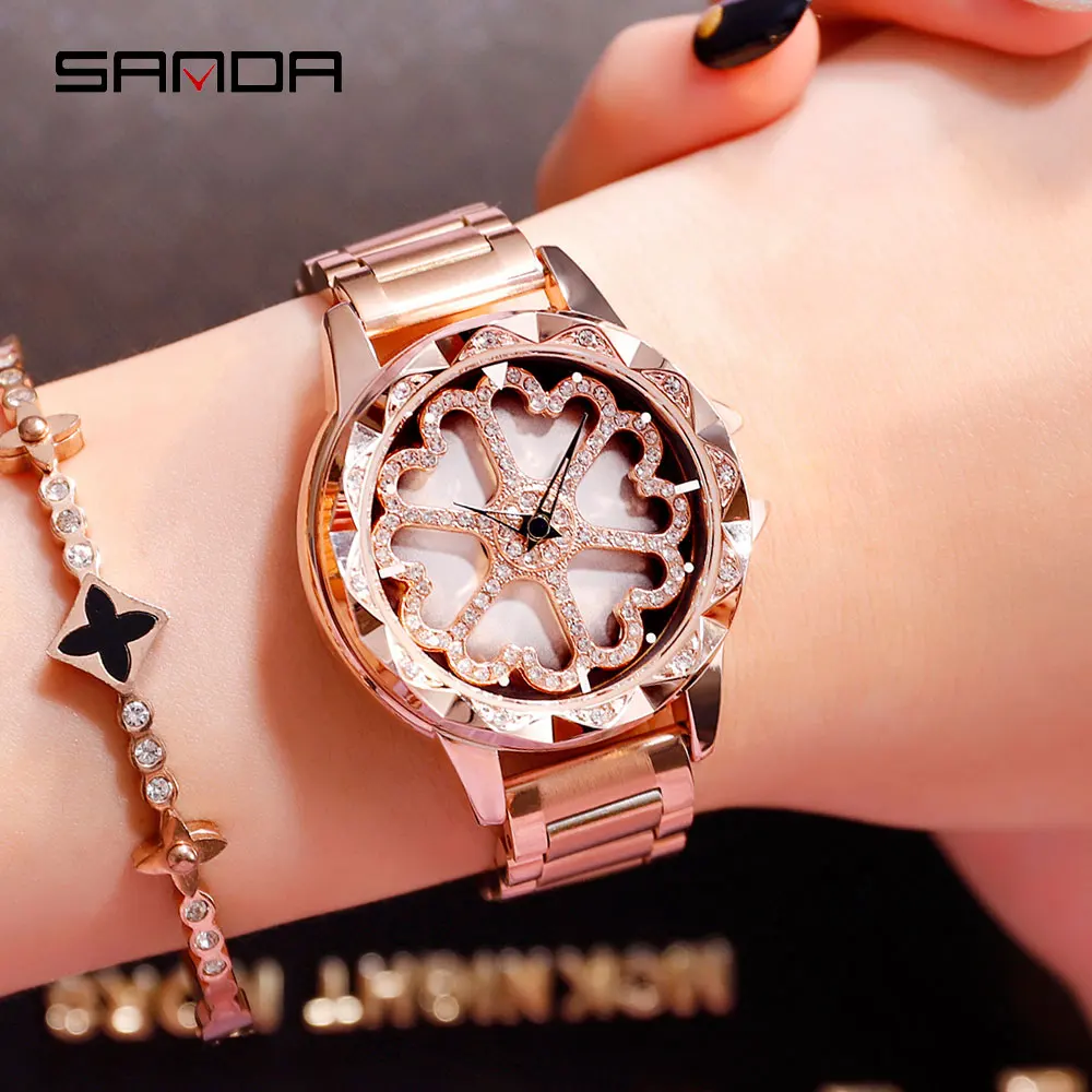 

sanda women watch stainless steel butterfly double clasp leisure pointer wrist watch to run creative student waterproof watch