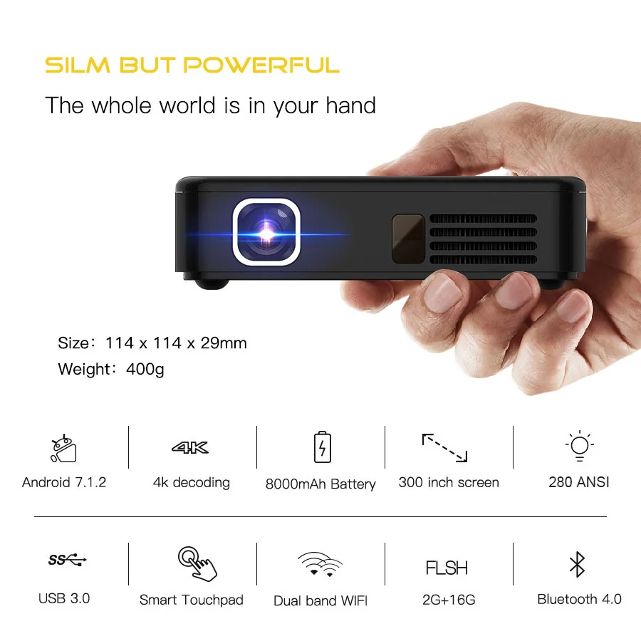 Salange P8 Android 7 1 карманный проектор с сенсорной панелью WIFI Bluetooth Mini Beamer 8000 мАч батарея