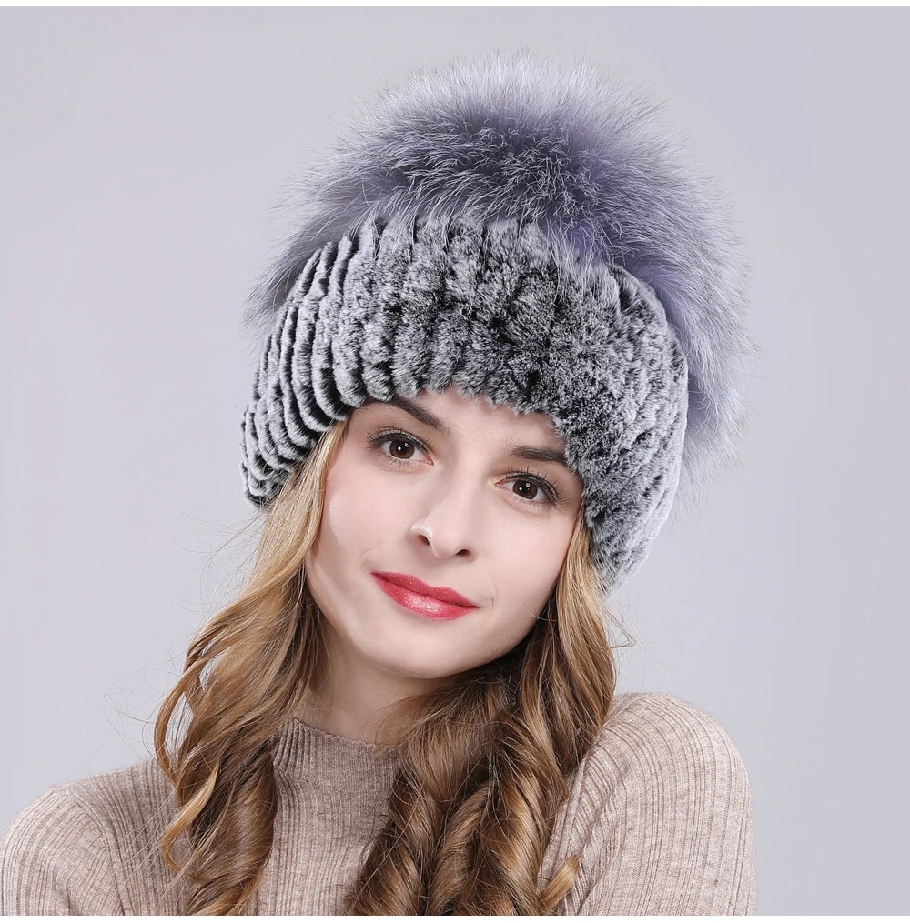 Outdoor Women Warm Soft Genuine Rex Rabbit Fur Hat Knitted Natural Real Sliver Fox Fur Caps Winter Real Rabbit Fur Beanies Hats