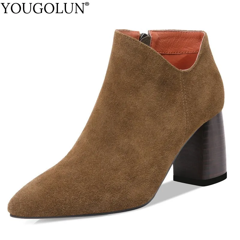 

Ankle Boots Cow Suede Women Spring Autumn High Round Heel Ladies A224 Woman Black Nude Army Green Yellow Pointed Toe Shoes