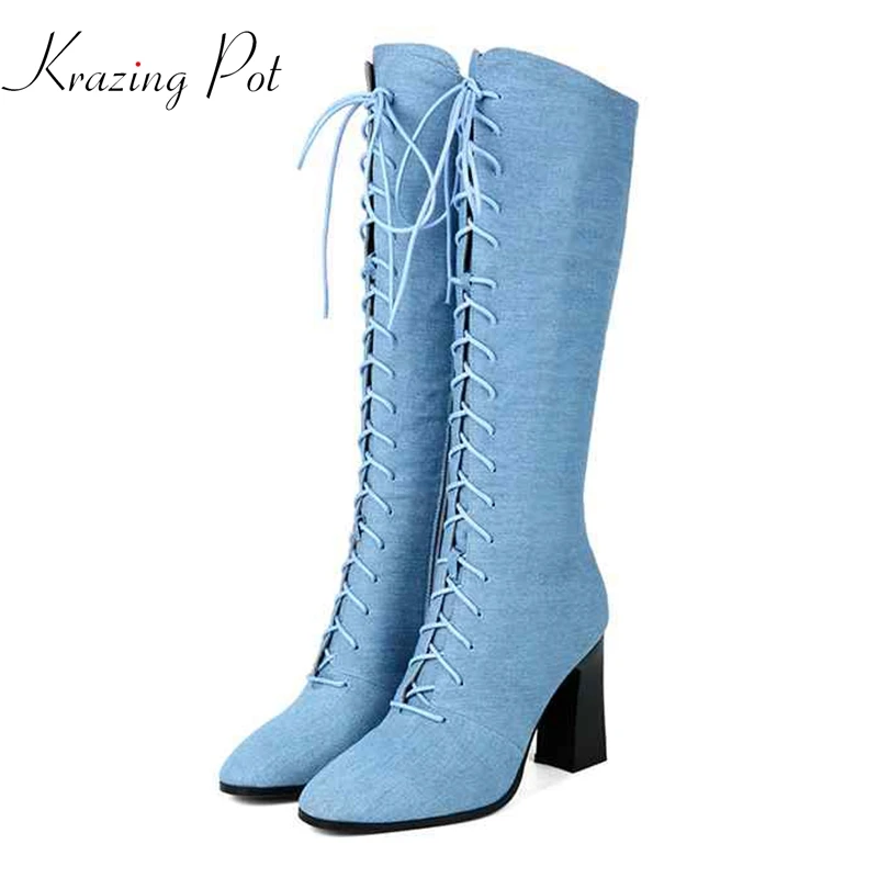 

Krazing Pot 2019 superstar denim stiletto square high heels Spring round toe knee high boots women wedding sexy riding boots L28