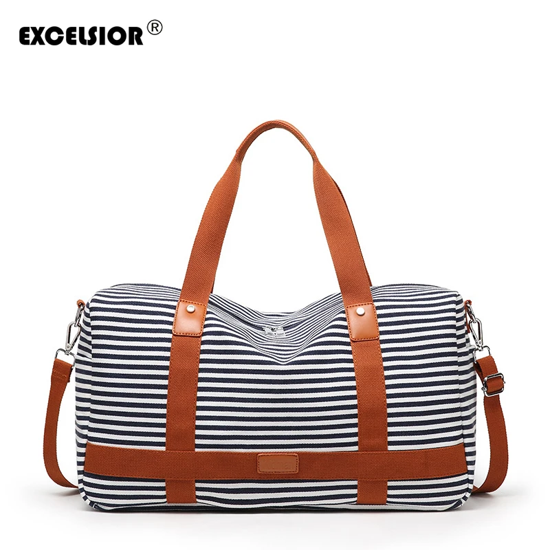 

EXCELSIOR Casual Canvas Stripe New Travel Bag Large Capacity Men Hand Luggage Weekend Bag Women Multifunctional Travel Bag
