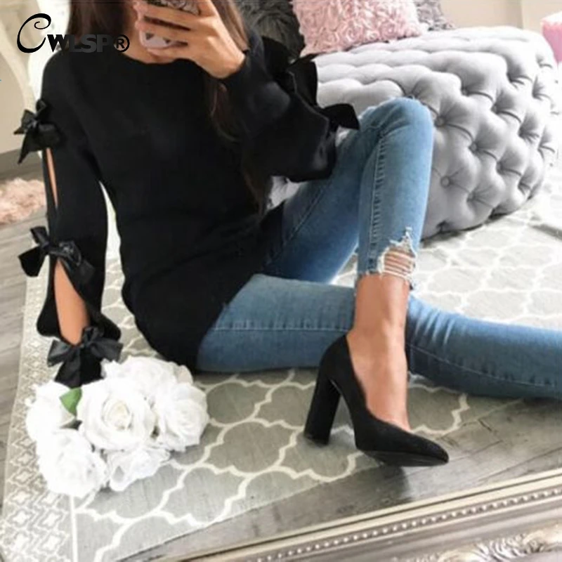 CWLSP 2018 Autumn Winter Sweater For Women O Neck Knitted Fashion Hollow Out Lace Up Bowknot Sweater Long Sleeve Pullover QZ3065