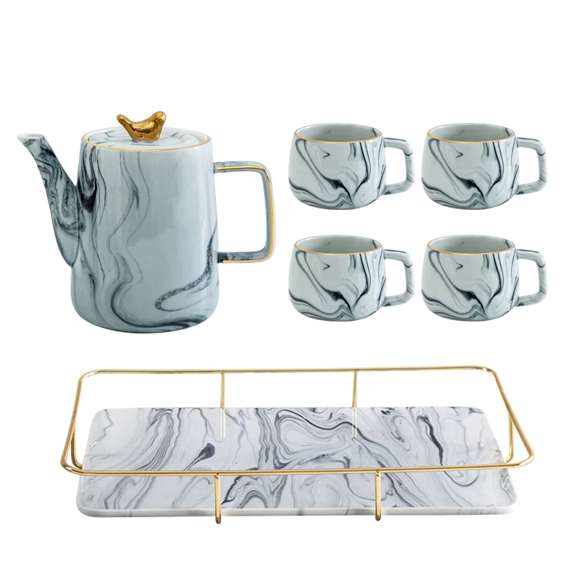 Нордический стиль мраморная керамика чайный сервиз кофе молоко чайник чашка и блюдце набор поднос гостиная обеденный стол украшения для дома - Цвет: O