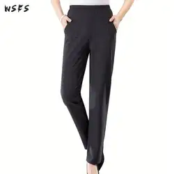 Плюс размер 5xl брюки свободные стрейч среднего возраста Женские брюки черные клетчатые длинные летние брюки с высокой талией офисные