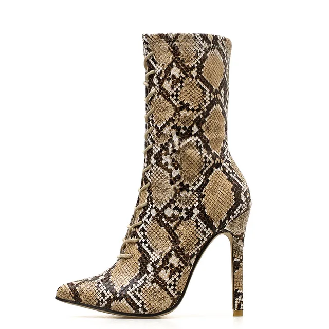 Women Winter Snakeskin Boots Sexy Pointed Toe Thin High Heels Boots ...