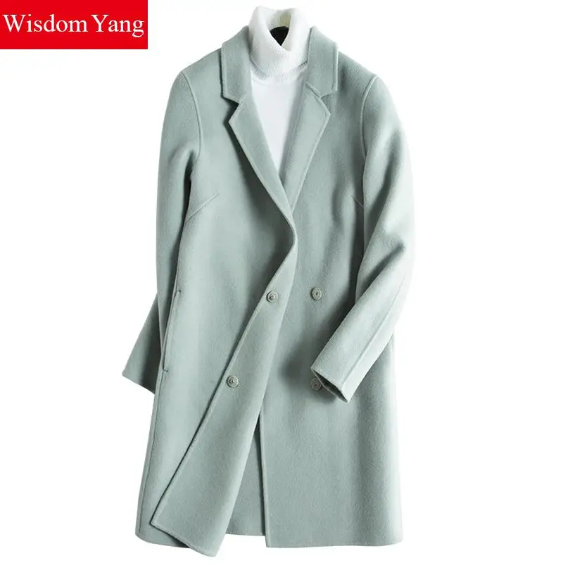 

Wisdom Yang Women's Sheep Wool Overcoats Green Yellow Double Breasted Warm Winter Elegant Trench Long Coat 2017 Casacos Feminino