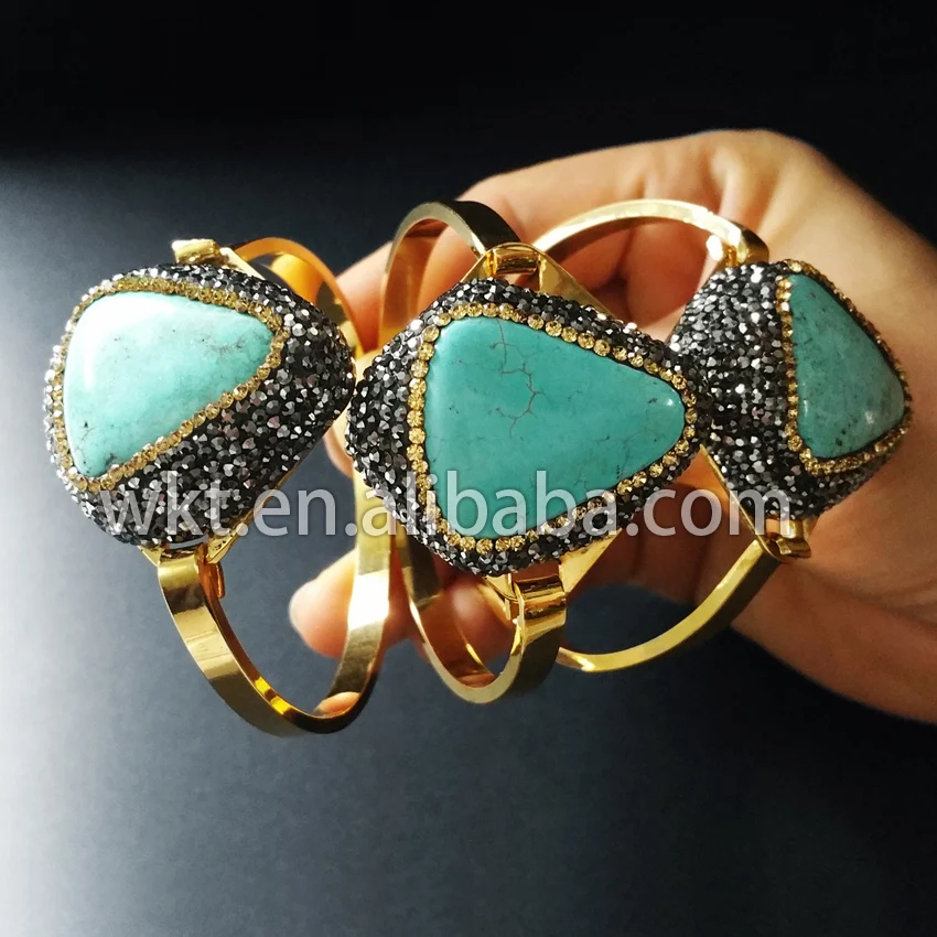 

WKT WT-B188 Wholesale natural howlite stone rhinestone paved cuff bracelet 24k gold trim triangleturquoise bracelet
