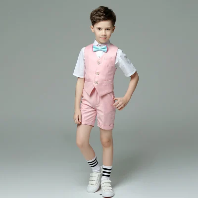 Модные детские комплекты одежды ярких цветов для мальчиков 4 предмета(жилет+ шорты+ рубашка+ галстук-бабочка) для свадьбы/выступления/дня рождения, одежда для 4-14 лет