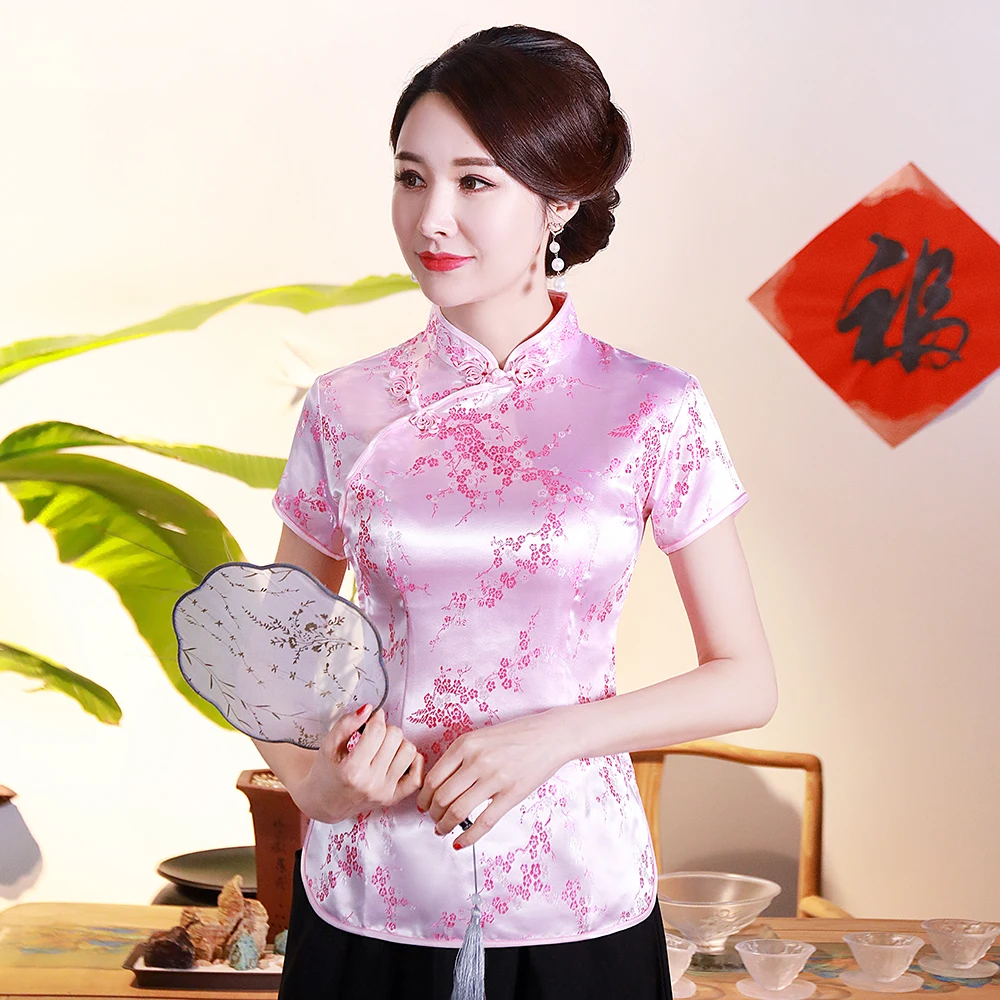 Chinese Style Women Black Shirt Mandarin Collar Blouse Stain Elagant Stage Performance Clothing Flower Sexy Tang Tops S-4XL