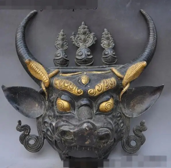 

S5289 14"tibet pure bronze gilt Oxen Horns pig head Cobra Skull statue Wall Decoration discount 30% (C0324)