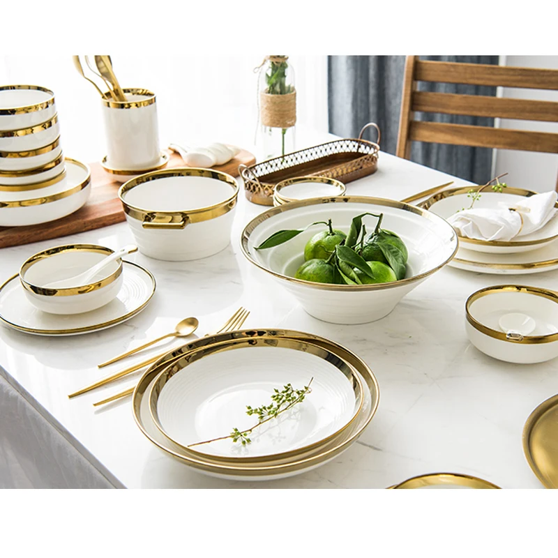 Free shipping Gold Inlay Solid White Ceramic Plates Food Dishes