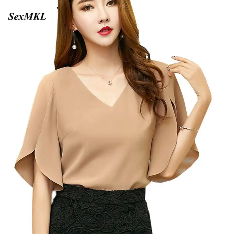 

2019 Summer Blouses Womens Casual Solid Chiffon Shirt Blusa Feminina Butterfly Sleeve Korean Loose Women Blouse Black Top Blusas