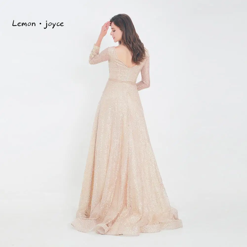 Lemon joyce Champagne Evening Dresses Long Sleeves for Women Sexy V-neck Backless A-line Prom Gowns robe de soiree