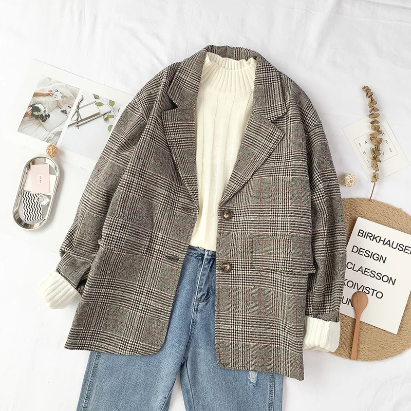 

2019 Autumn New Korean Vintage Plaid Blazers Women Fashion Art Style Loose Notched Two Buttons Blazer Female Casual Clothing 141