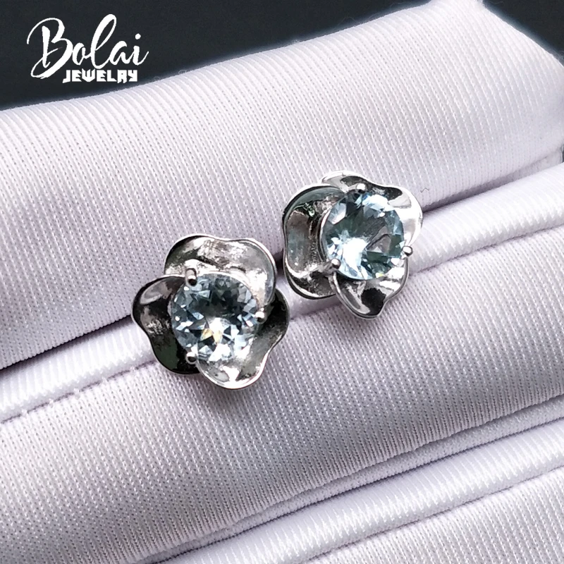 

Bolaijewelry,white aquamarine stud earring natural gemstone rose design 925 sterling silver fine jewelry for girls birthday gift