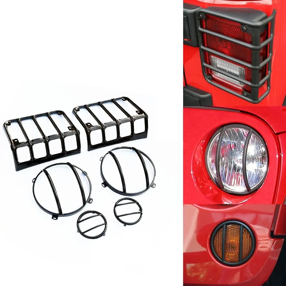 For 07 16 Jeep Wrangler JK Black Light Guard Covers kit 6pcs for Front Headlight, Real