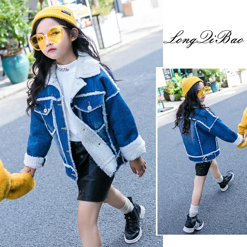 

Girls autumn and winter 2018 new Korean version of the ocean denim stitching jacket in the big boy lamb hair plus velvet thicken