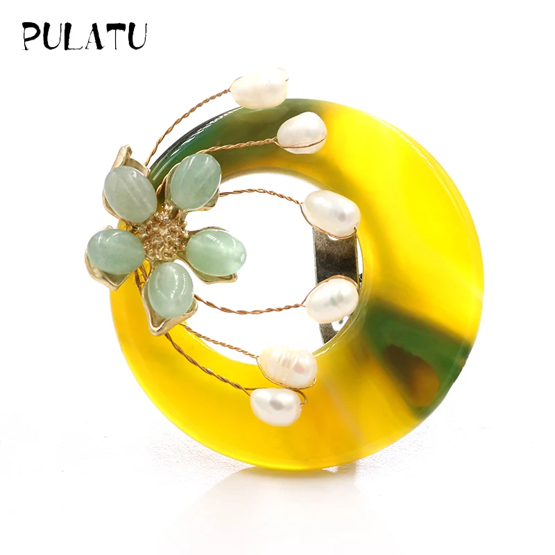 

Pulatu Natural Stone Round Flower Brooches Women Fashion Jewelry Brooch Pins Accessories Natural Pearl Inlay Stone Brooch Pin