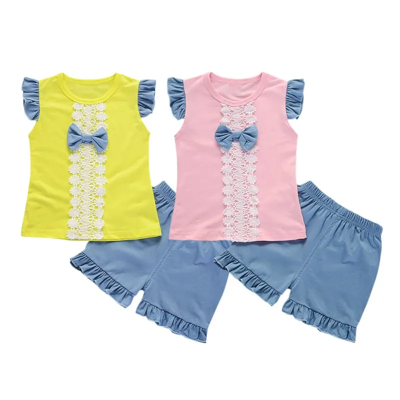 

2018 Summer Toddler Baby Girl Cute Bow Tie Sweet Sleeveless Cotton T-shirt Tops Shorts 2PCS Clothing Set