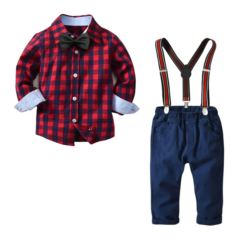 

toddler kids clothing full sleeve plaid shirt+overalls pants 2 PCS boys clothes set formal party bow tie children outfis roupas