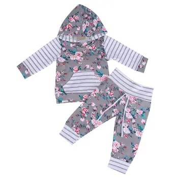

BabyClothing Set 2pcs Girls Infant Warm Long Sleeve Floral Hooded Sweatshirt+Long Striped Pants Girl Autumn Spring Clothing