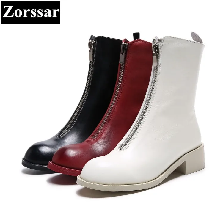 {zorssar} Botas Zapatos Otoño blanco Pantorrilla Invierno Moda Mujer Nueva Tacón Cuero rojo Media Cremallera Grueso 2018 Comodidad Negro Genuino De I6qRrI