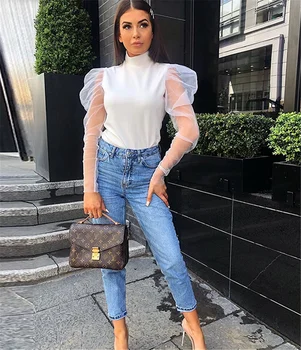

2019 New Fashion Women Sheer Mesh Puff Long Sleeve Turtle Neck Tops Ladies Girls Solid Blouse Shirts Black White