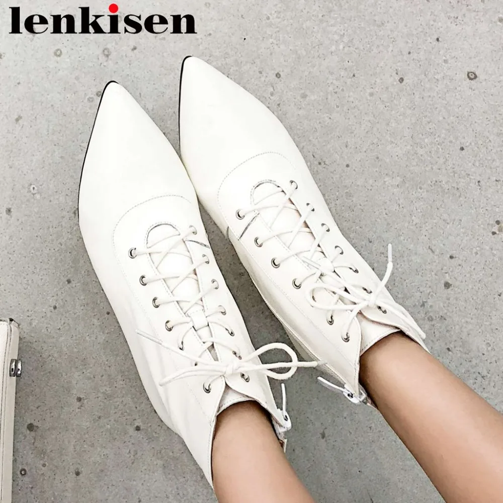 

Lenkisen 2018 superstars european station oxford pointed toe high thin heels elegant lady zipper genuine leather ankle boots L22
