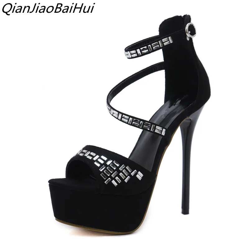 peep toe high heels 2018 summer high heels pumps women black high heel pump crystal sexy platform high heels pumps 14cm sandals