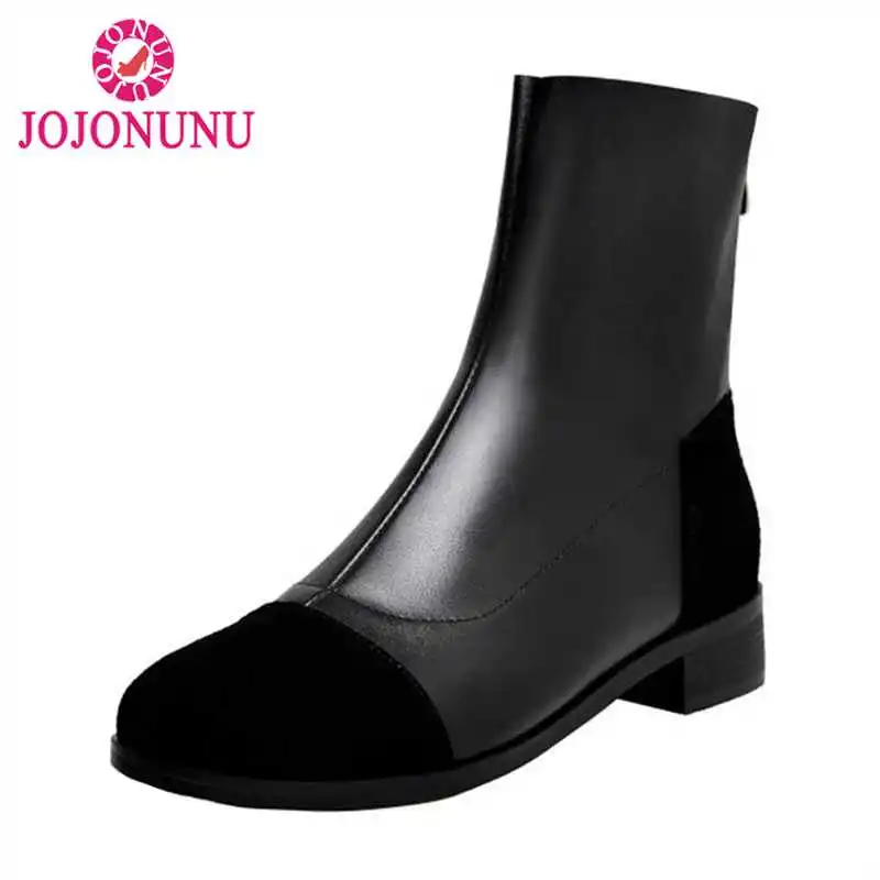 

JOJONUNU New Women Half Short Flats Boots Genuine Leather Winter Shoes Women Designer Zipper Keep Warm Fur Boots Size 34-43