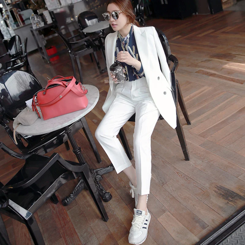 

white Work Pants Suits 2 Piece Sets Office Lady Suits Women Outfits Spring