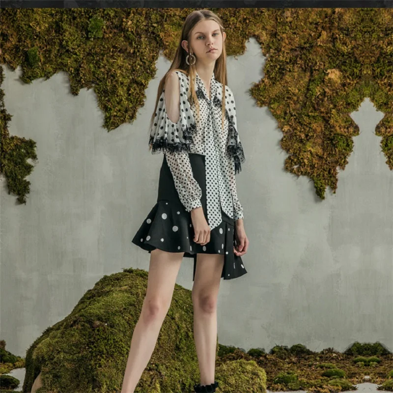 2019 Summer High Quality Dot Lace Patchwork Blouse Asymmetrical Mini Skirt Set Hollow Out Sexy Chic Shirt Party Clothes | Женская одежда