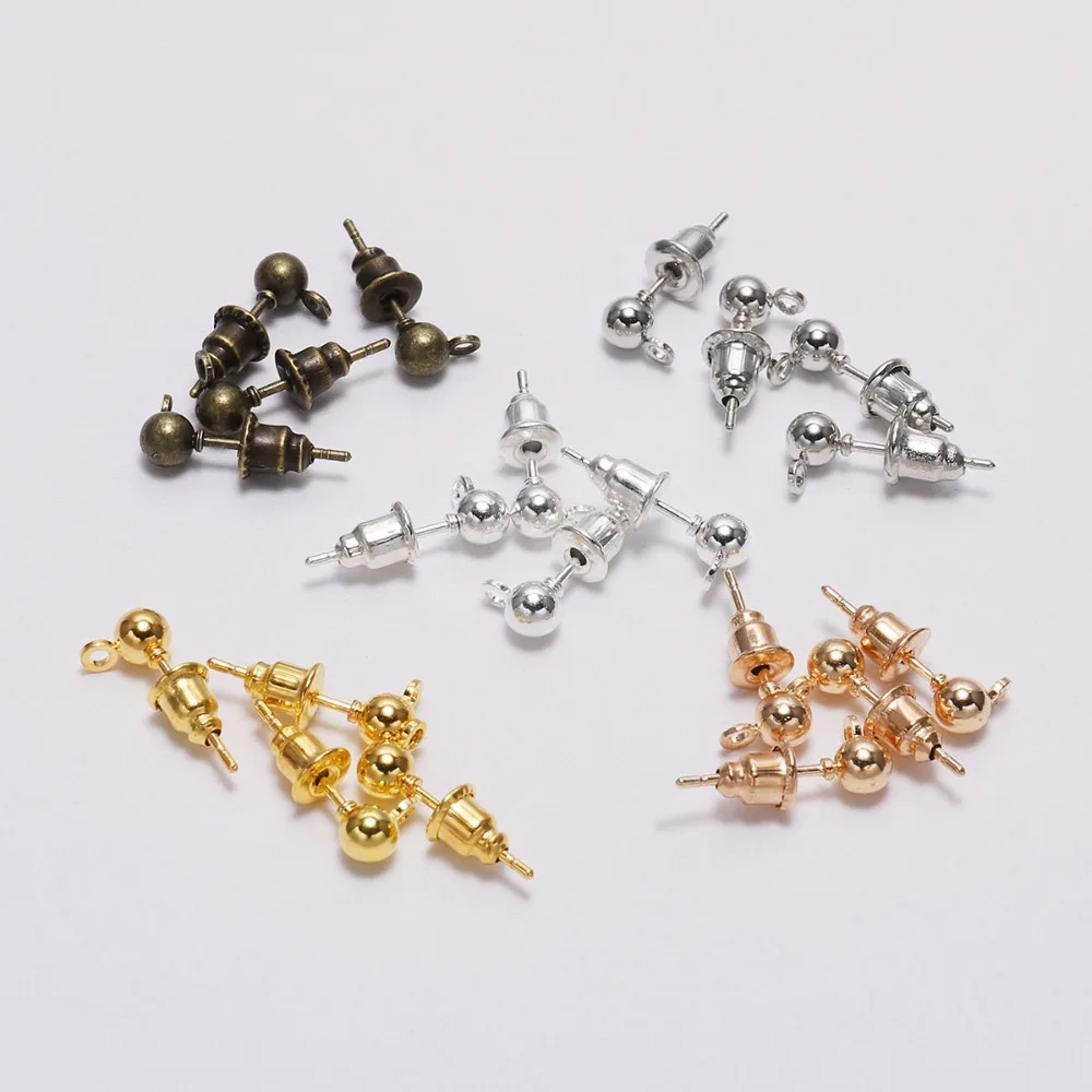 

50pcs 3 4 5mm Gold/Silver/Rhodium Earrings Studs Bullet Back Stopper Ball Beads Head Earring Ear Pin Supplies For Jewelry Making