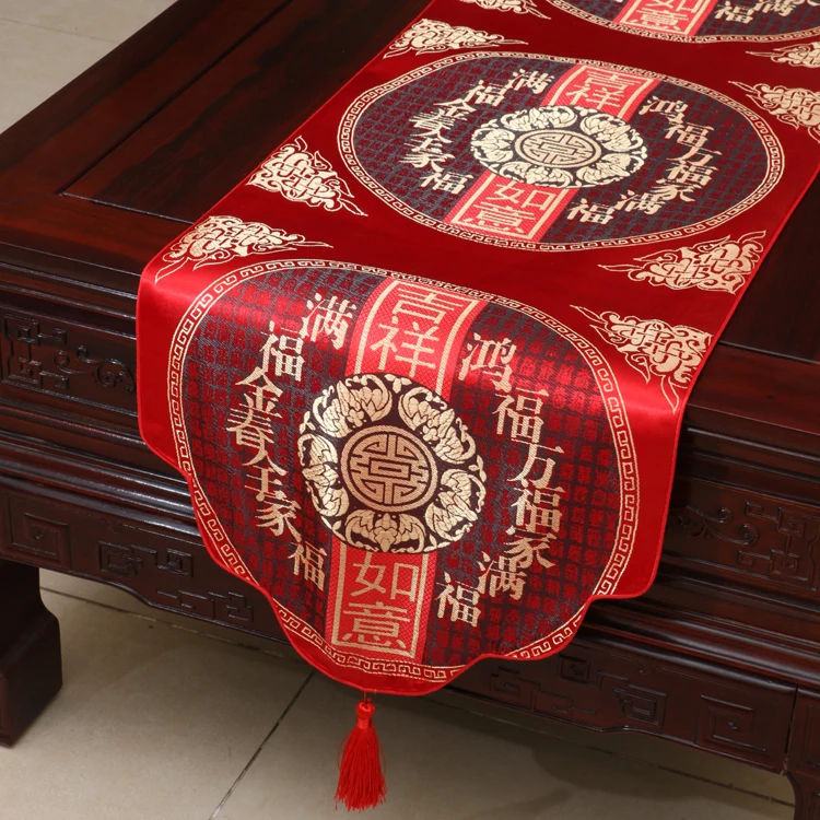 

Joyous Jacquard Chinese Christmas Table Runner Banquet Silk Damask Table Cloth Rectangle Luxury Dining Table Mat Placemat