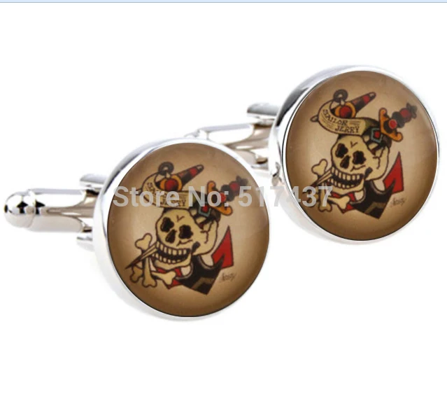 

1 pair wholesale round photo cufflinks skull cufflinks Sailor Jerry Cuff links gold cuff link mens