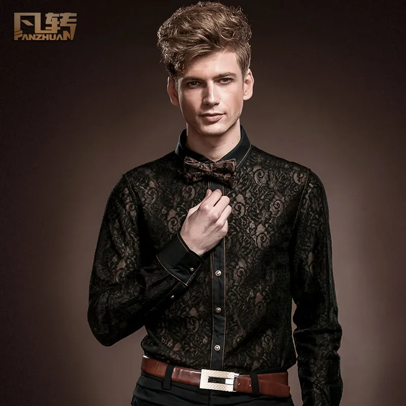 FANZHUAN Featured Brands Clothing Fall Long Sleeve Black Lace Shirt Men'S Wedding Banquet Nightclub Dress Perspective