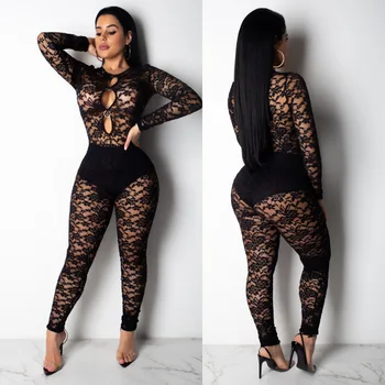 

New Summer Sexy Lace Transparent Full Sleeve With Pants Women Bodycon Jumpsuit