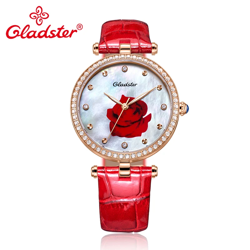 Gladster Luxury Japanese MIYOTA 2035 Lady Analog Watch Pearl Dial Leather Female Wrist Watch Fashion Diamond Women Quartz Clock