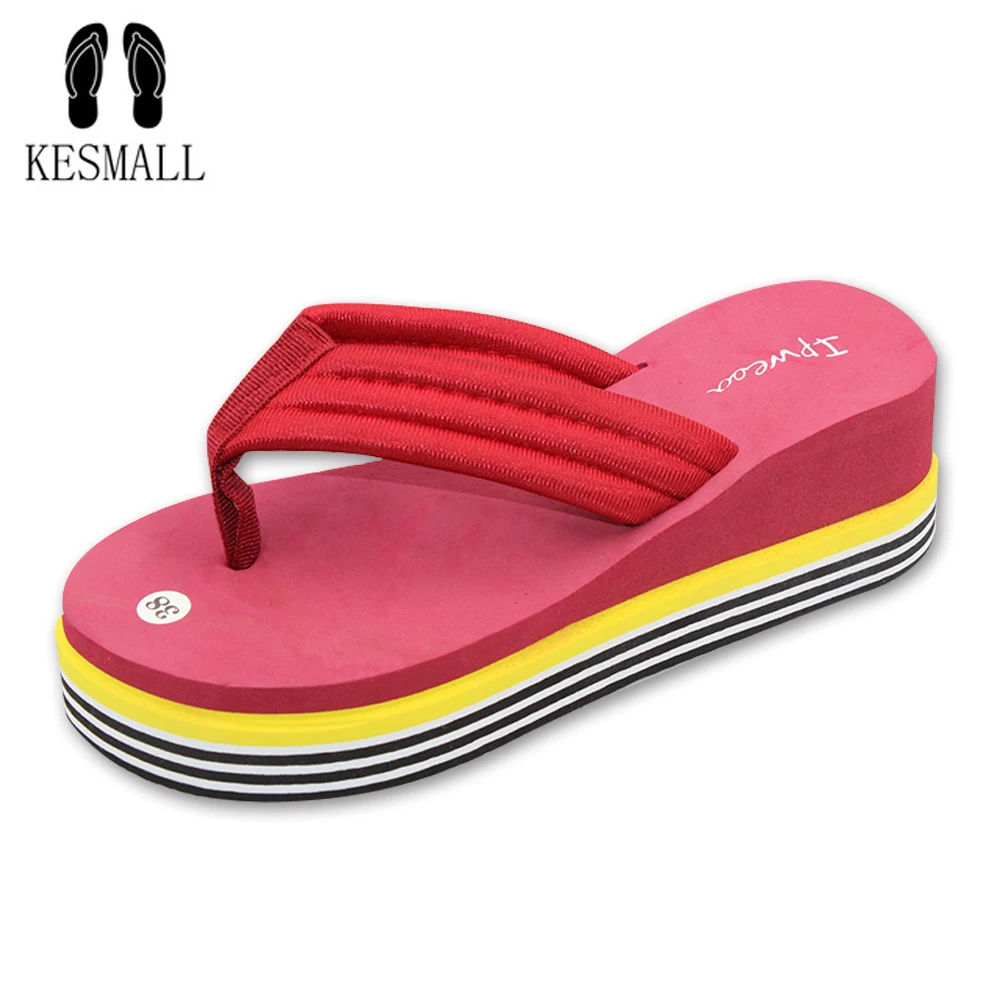 

KESMALL New High quality Ultra 6.6cm High Heels Beach Slippers Summer slip muffin Wedges Platform Sandals Flip Flops Women WS81