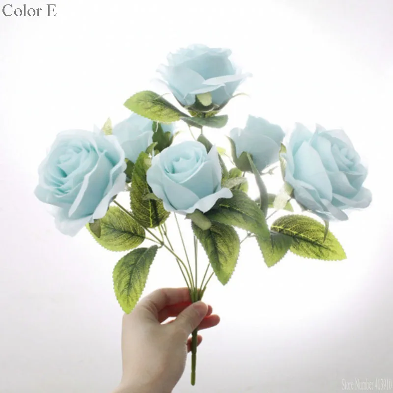 Высокое качество, 7 голов, шелковая Красивая красочная роза с яркими листьями, набор для домашнего стола, офиса, отеля, украшение для свадебных цветов - Цвет: E