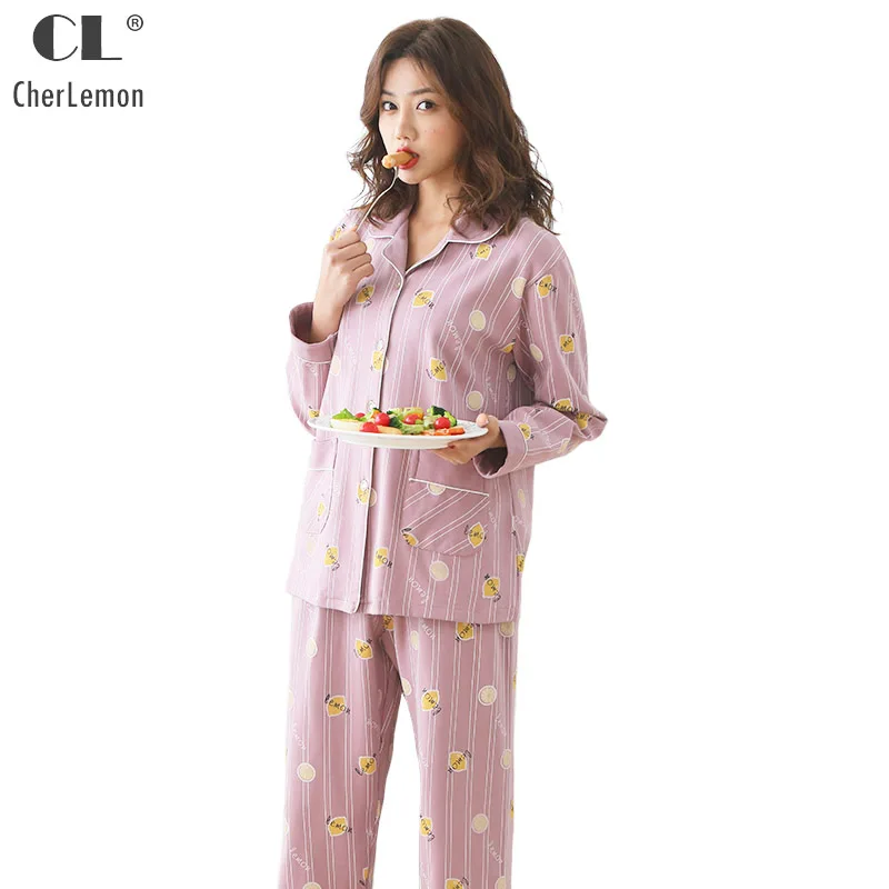 

CherLemon Cute Lemon Printed Striped Cotton Pajama Set Women New Autumn Sleepwear Long Sleeve Turn-down Collar Pink Nightwear