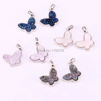 

6Pcs Titanium Quartz Pendant Beads in Mix color, Butterfly shape Silver color Drusy Gem Pendants, Jewelry Making