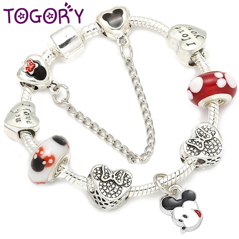 

TOGORY Vintage Silver Brand Bracelet & Bangle with Mickey & Minnnie Pendant Red Crystal Ball Charm Bracelets For Women Kids