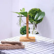 Креативная прозрачная стеклянная ваза для посадки воды с деревянной подставкой, украшение для рабочего стола, цветочный горшок, подарок