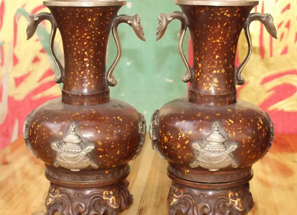 

11"Marked China Silver Bronze Gilt Auspicious Symbol Elephant Leg Ruyi Vase Pair
